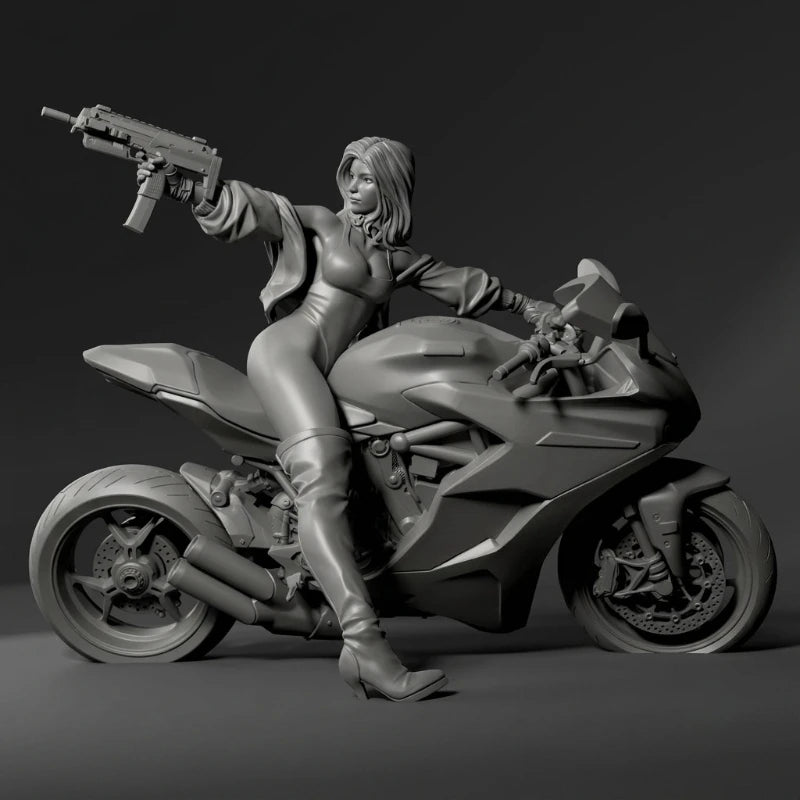 75mm Modern Female Biker on Motorcycle, Resin Model Figure Kit, Unassembled and Unpainted