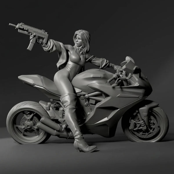 75mm Modern Female Biker on Motorcycle, Resin Model Figure Kit, Unassembled and Unpainted