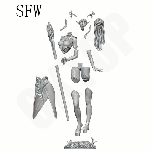 1/24 Horned Elf Sorceress in Green with Staff, Resin Model Figure Kit, Fantasy Theme, Unassembled and Unpainted