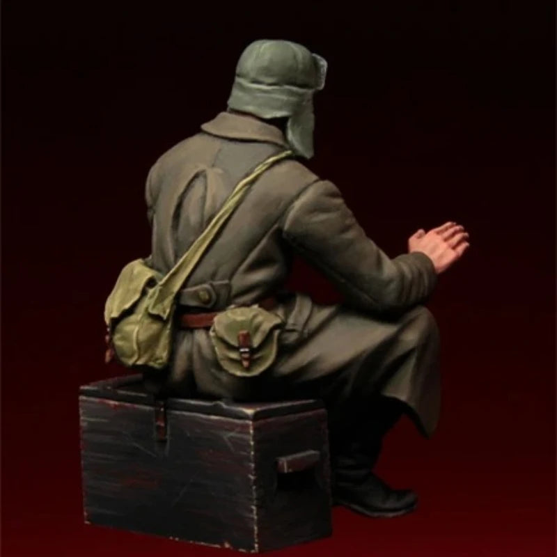 1/35 WWII Soviet Soldier in Ushanka Seated on Crate, Resin Model Figure Kit, Unassembled and Unpainted