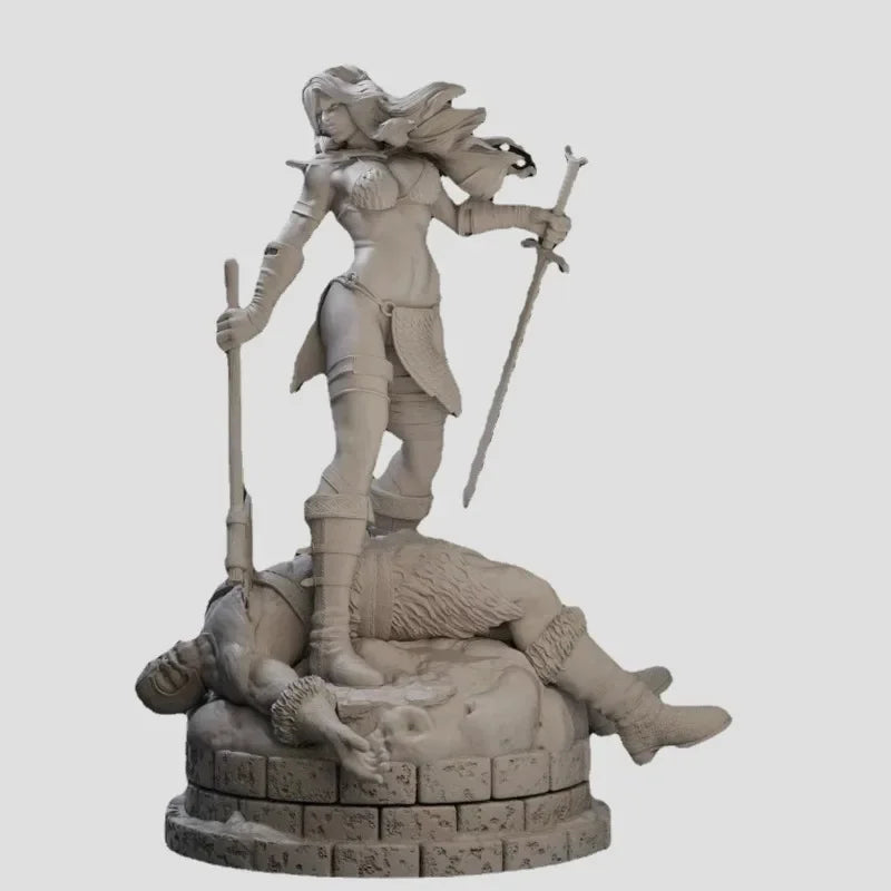 1/24 Female Warrior with Sword on Stone Ruins, Resin Model Figure Kit, Fantasy Theme, Unassembled and Unpainted