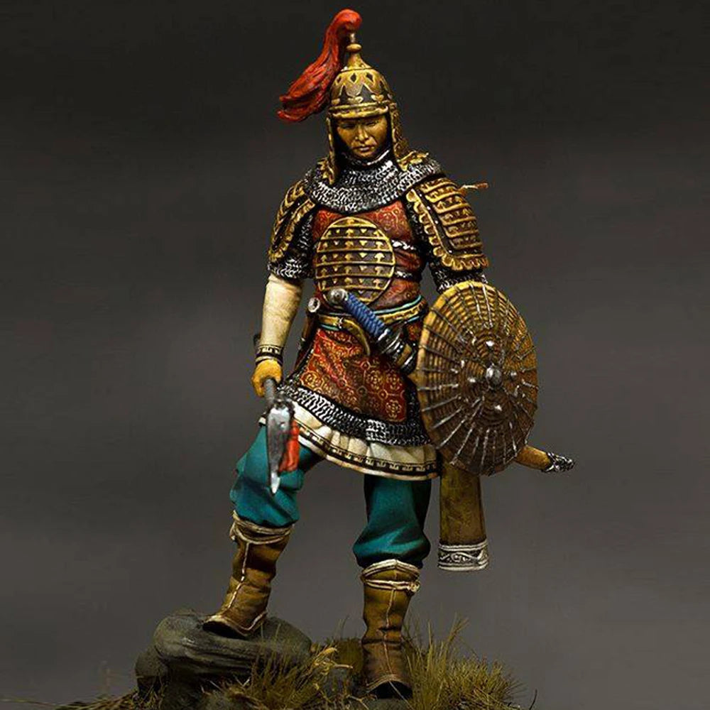1/24 Medieval Mongol Cavalry Commander with Red Plumed Helmet, Resin Model Figure Kit, Unassembled and Unpainted