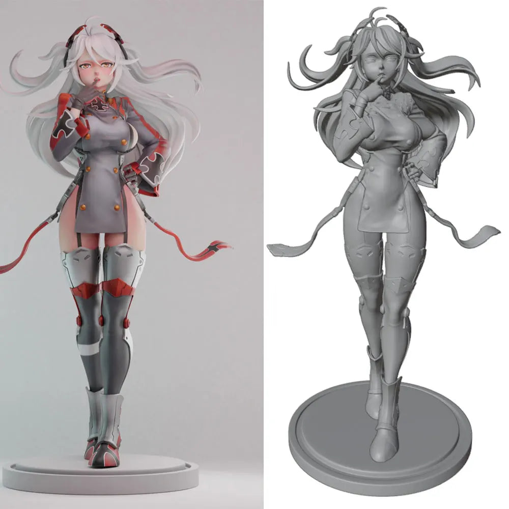 1/24 Long-Haired Anime Female in Red Tactical Suit, Resin Model Figure Kit, Anime Theme, Unassembled and Unpainted