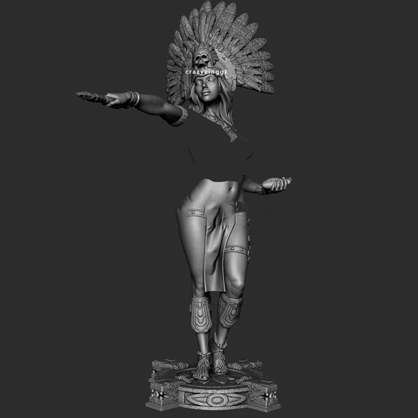 1/24 Priestess with Feathered Crown and Staff, Resin Model Figure Kit, Fantasy Theme, Unassembled and Unpainted
