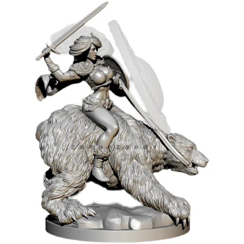 75mm Female Warrior Mounted Beast, Resin Model Figure Kit, Fantasy Theme, Unassembled and Unpainted