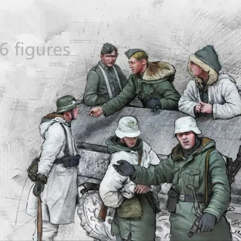 1/35 WWII Soviet Infantry Squad Resting in Winter Camouflage, 6 Figures, Resin Model Figure Kit, Unassembled and Unpainted