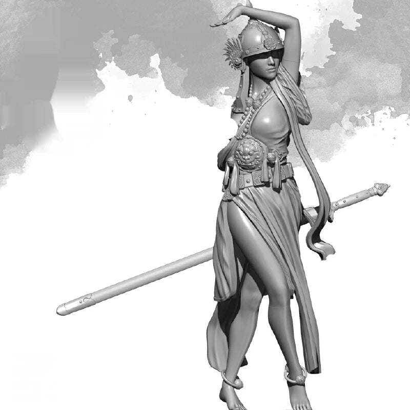 1/24 Spiked Helm Swordswoman with Scaled Armor, Resin Model Figure Kit, Fantasy Theme, Unassembled and Unpainted