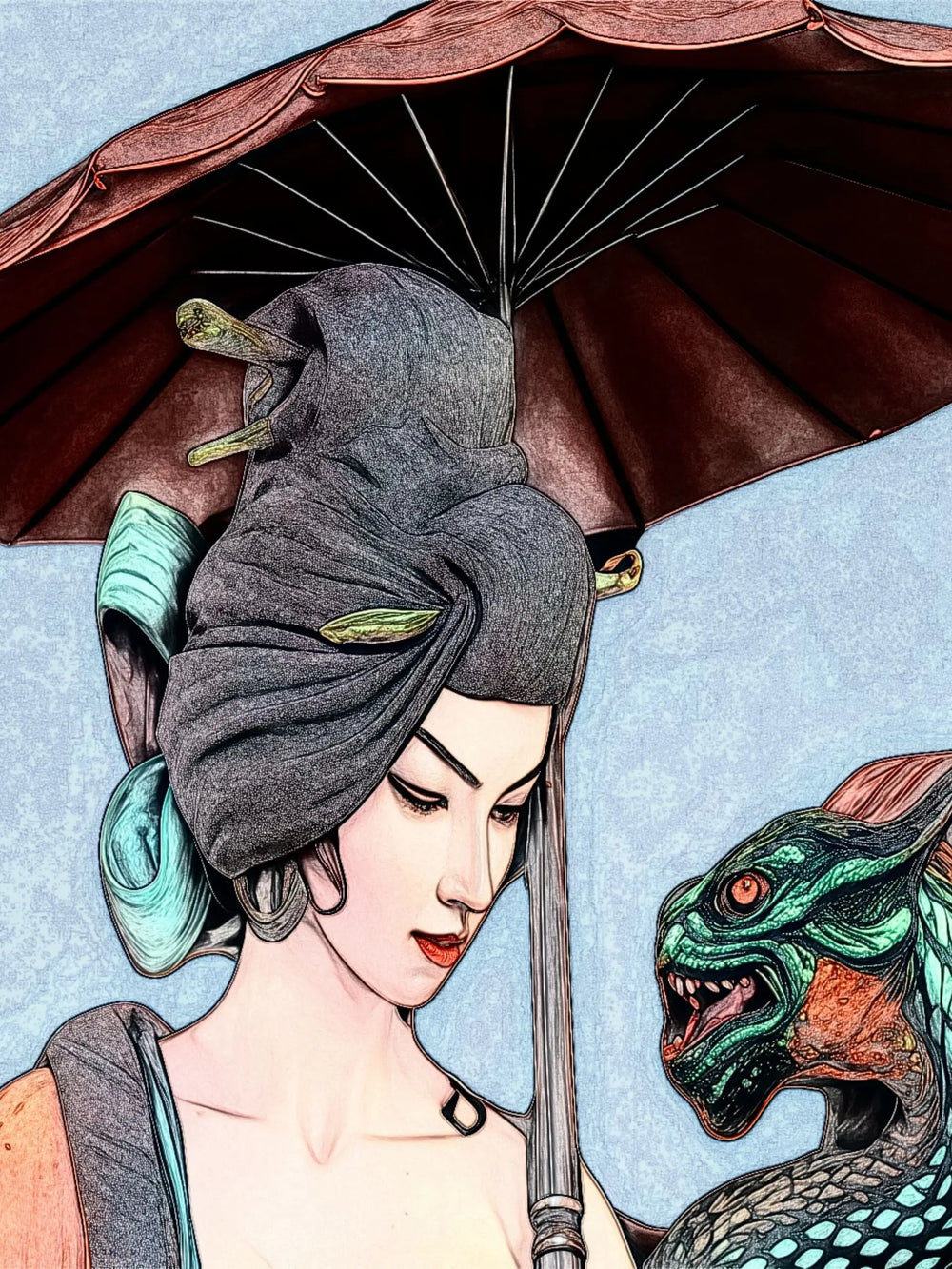 1/24 Dragon Umbrella Woman, Resin Model Figure Kit, Fantasy Theme, Unassembled and Unpainted