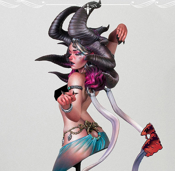 1/10 Demonic Sorceress with Spiral Horns, Resin Model Bust Kit, Fantasy Theme, Unassembled and Unpainted