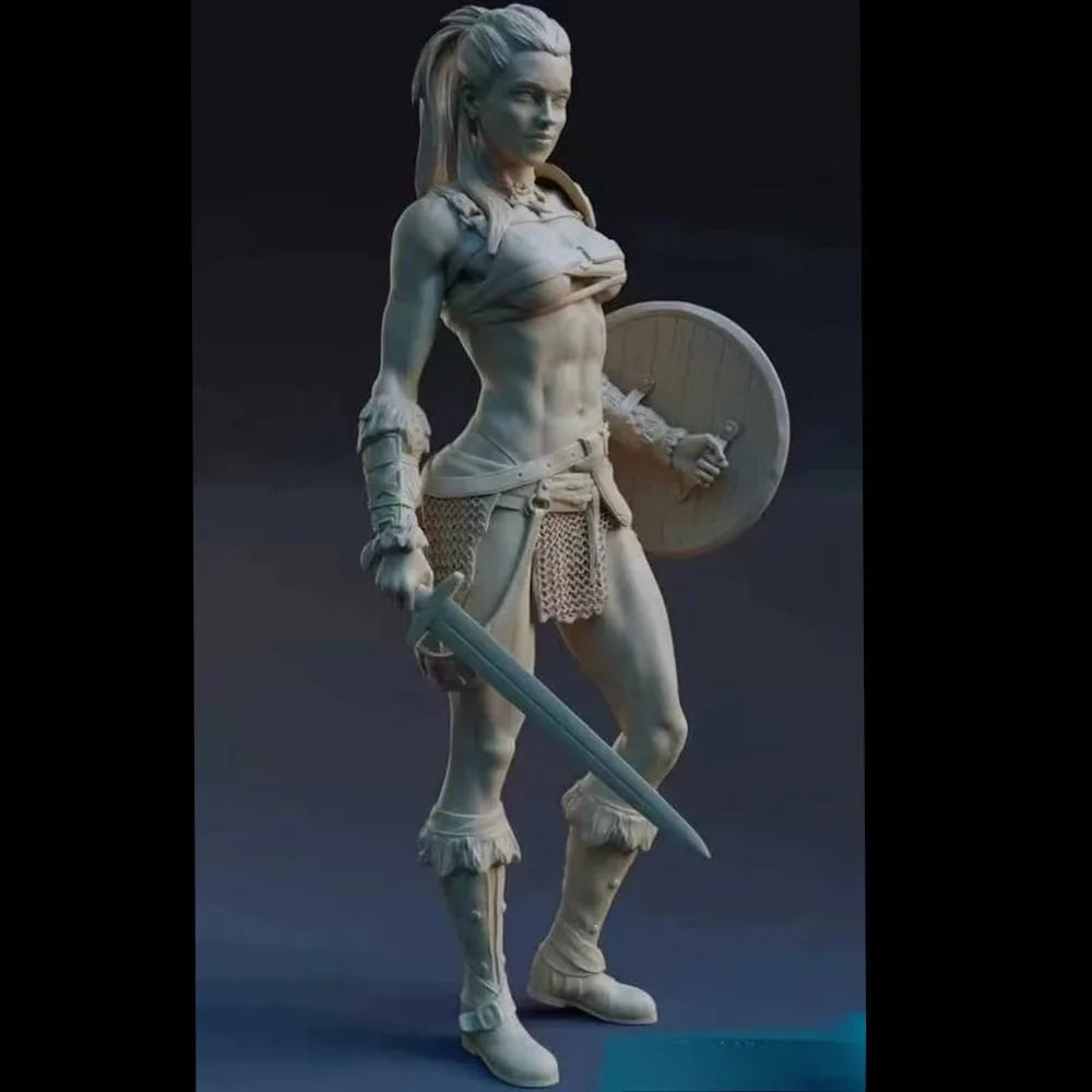 75mm Ancient Classical Female Warrior with Round Shield and Sword, Resin Model Figure Kit, Unassembled and Unpainted