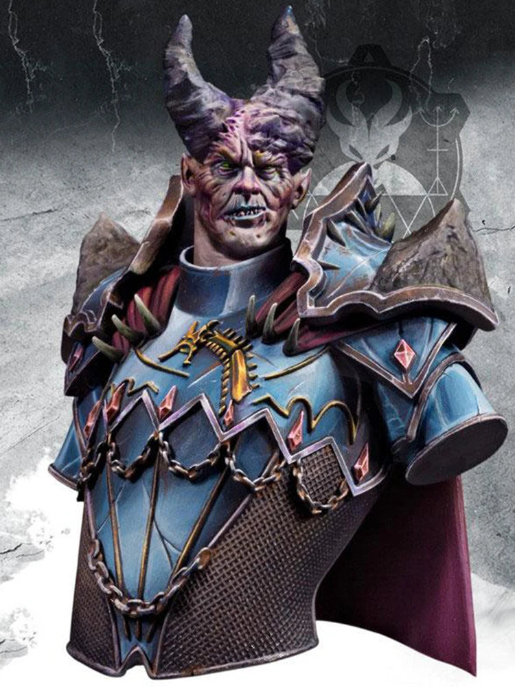 1/10 Horned Demon Warrior in Ornate Blue Armor, Resin Model Bust Kit, Fantasy Theme, Unassembled and Unpainted
