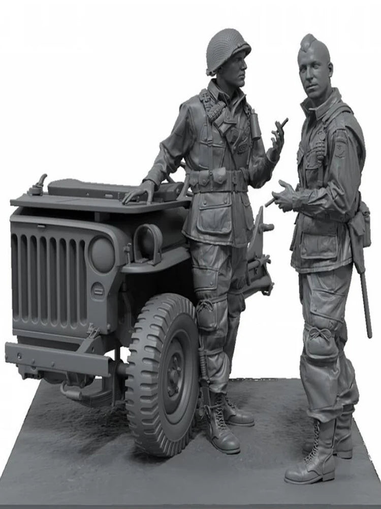 1/35 WWII US Army Officer Briefing By Jeep, 2 Figures, Resin Model Diorama Kit, Unassembled and Unpainted