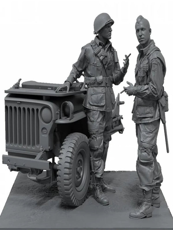 1/35 WWII US Army Officer Briefing By Jeep, 2 Figures, Resin Model Diorama Kit, Unassembled and Unpainted