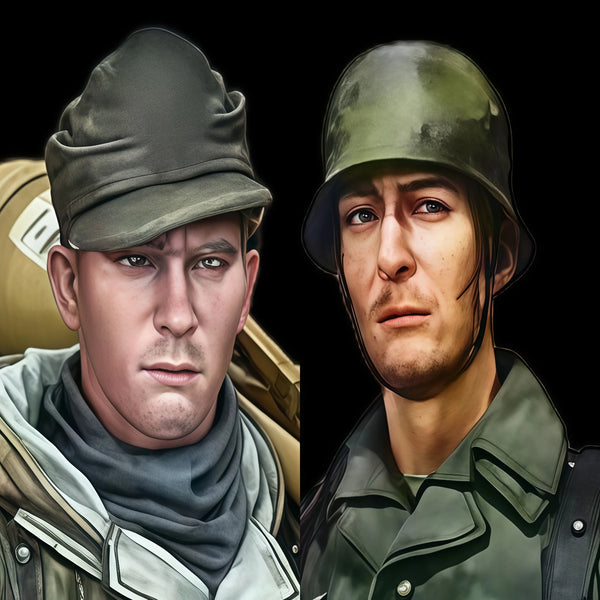 1/16 WWII German Infantry with Soft Cap and Combat Gear, 2 Figures, Resin Model Figure Kit, Unassembled and Unpainted