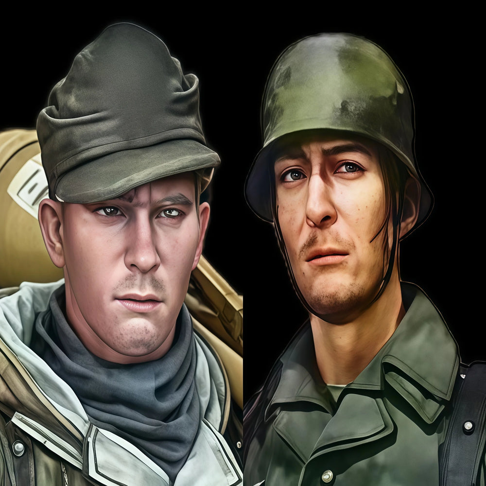 1/16 WWII German Infantry with Soft Cap and Combat Gear, 2 Figures, Resin Model Figure Kit, Unassembled and Unpainted