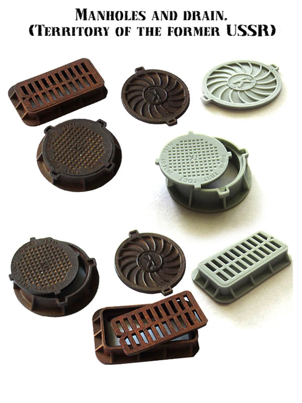 1/35 Cold War Soviet Manhole Covers & Drain Grates, Resin Model Terrain Kit, Unpainted