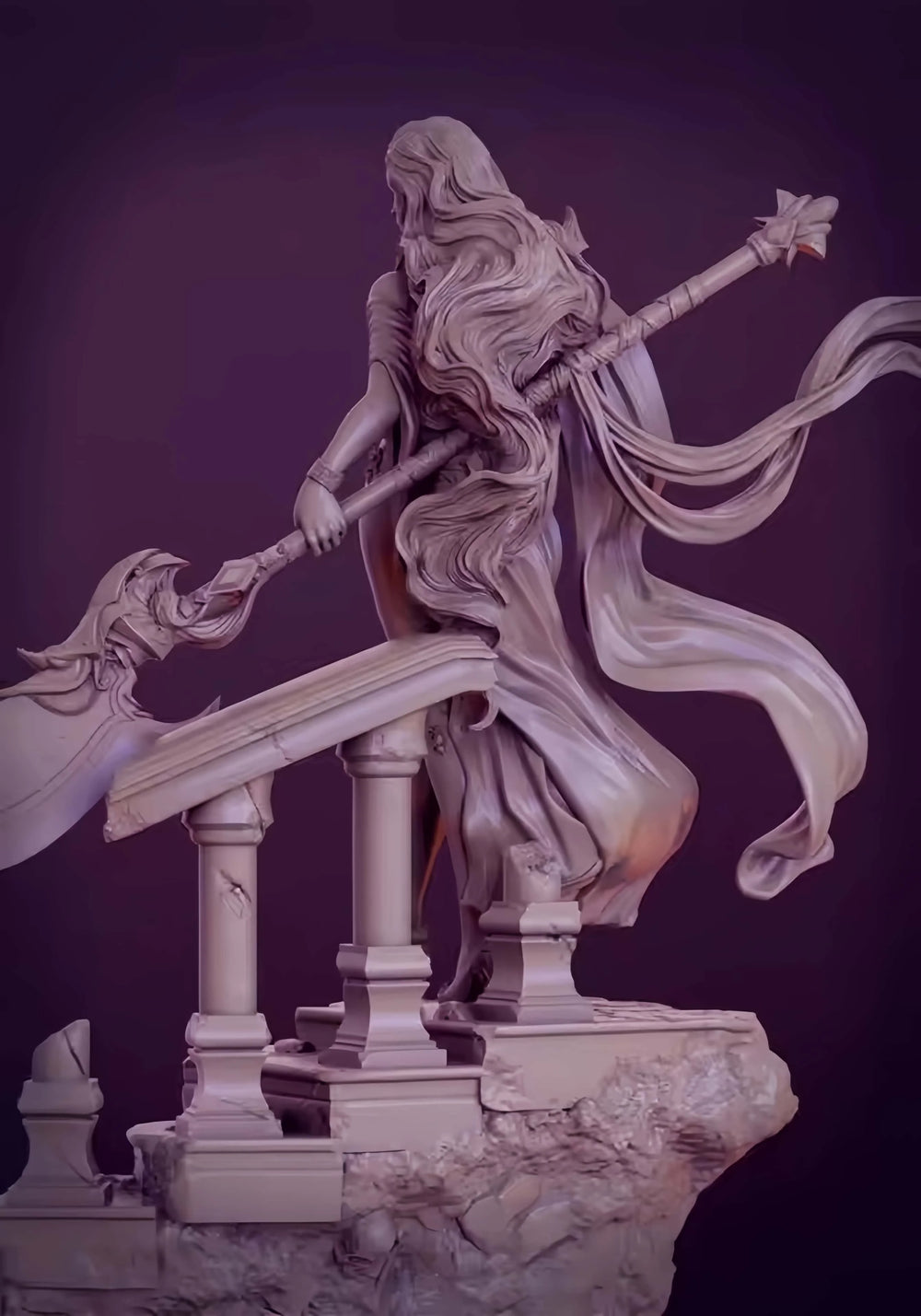 1/24 Sorceress with Staff on Stone Base, Resin Model Figure Kit, Fantasy Theme, Unassembled and Unpainted
