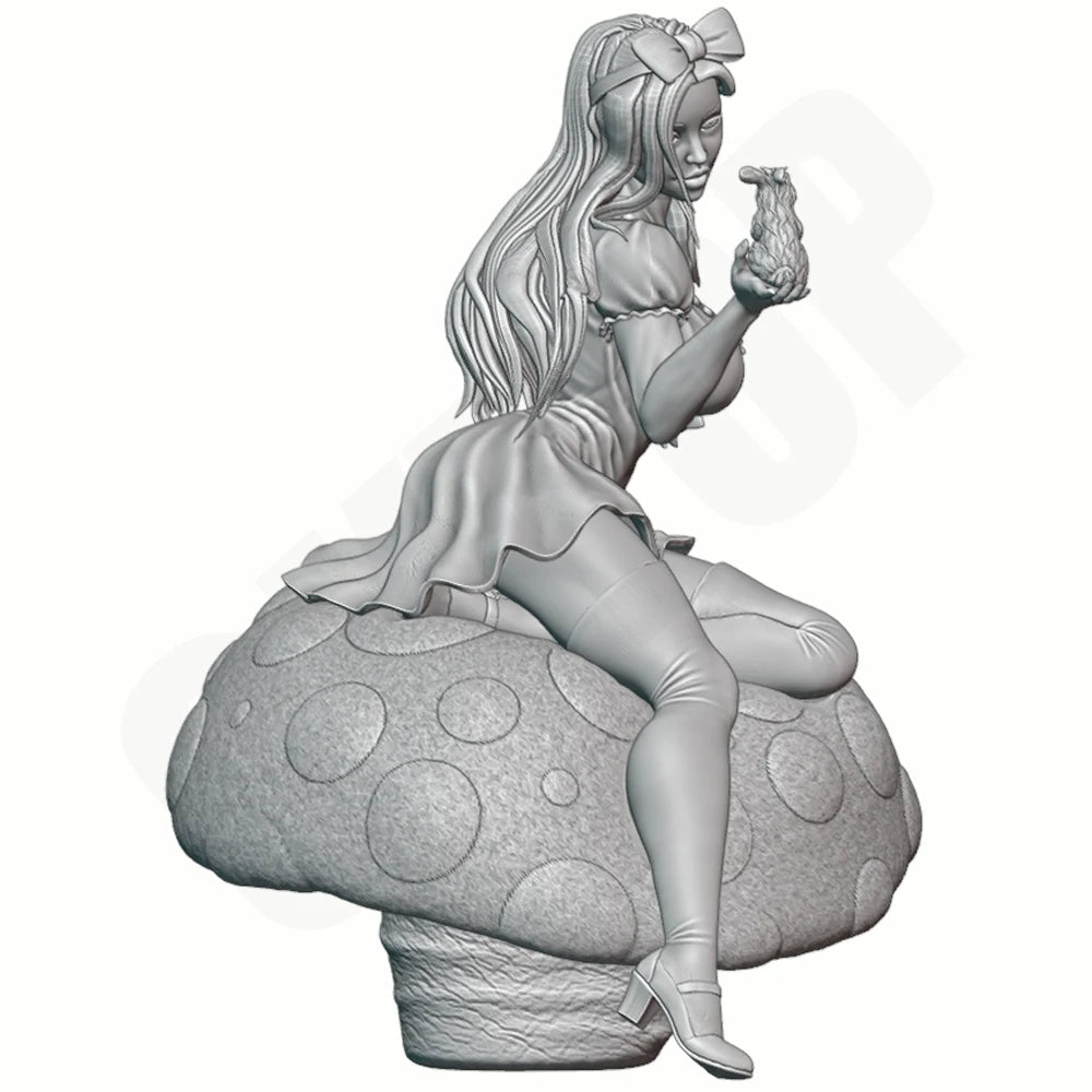 1/24 Fairy Tale Girl on Mushroom Seat, Resin Model Figure Kit, Fantasy Theme, Unassembled and Unpainted