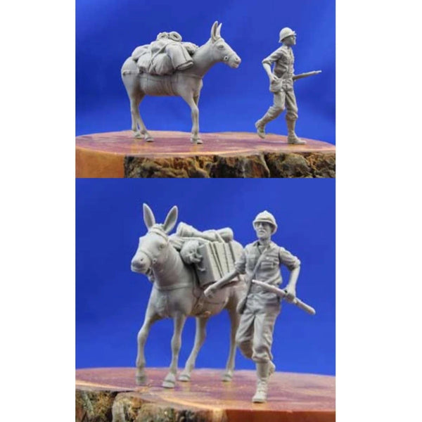 1/35 Military Soldier with Pack Donkey, 2 Figures, Resin Model Figure Kit, Military Theme, Unassembled and Unpainted