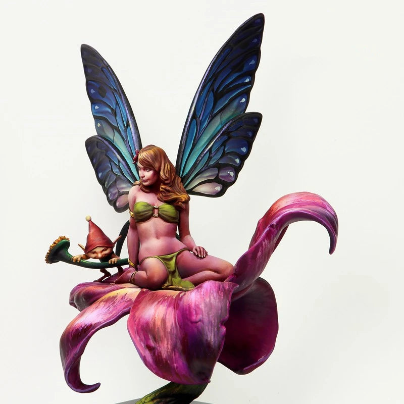 90mm Fairy Warrior on Purple Bloom, Resin Model Figure Kit, Fantasy Theme, Unassembled and Unpainted