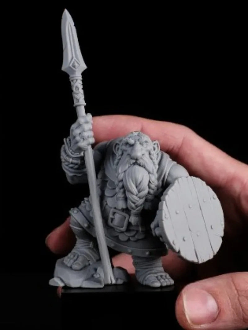 60mm Blonde Dwarf Spearman with Decorated Shield, Resin Model Figure Kit, Fantasy Theme, Unassembled and Unpainted