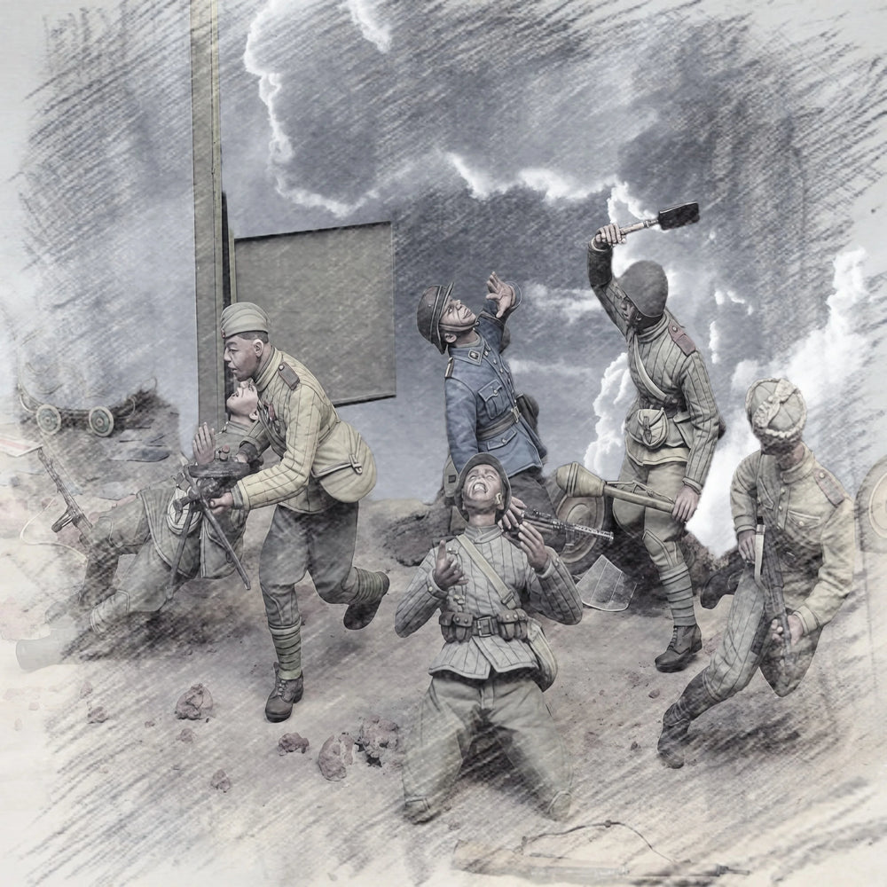 1/35 WWII German Infantry Charging with Bayonets, 6 Figures, Resin Model Figure Kit, Unassembled and Unpainted