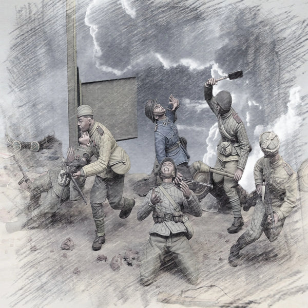 1/35 WWII German Infantry Charging with Bayonets, 6 Figures, Resin Model Figure Kit, Unassembled and Unpainted