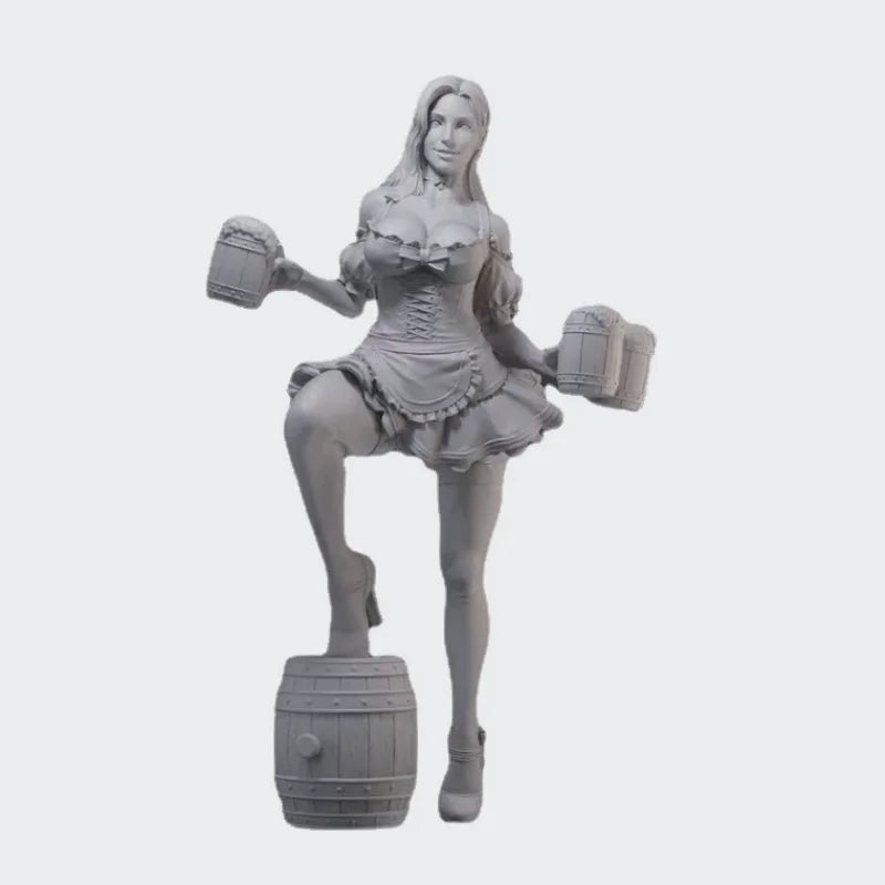 1/24 Female Bartender with Beer Barrel, Resin Model Figure Kit, Unassembled and Unpainted