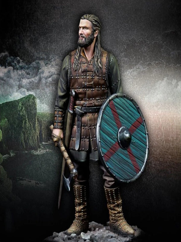 75mm Medieval Viking Axeman with Round Shield and Braided Hair, Resin Model Figure Kit, Unassembled and Unpainted