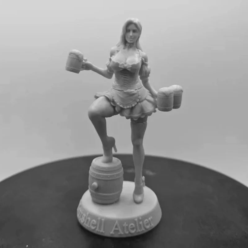 1/24 Female Bartender with Beer Barrel, Resin Model Figure Kit, Unassembled and Unpainted