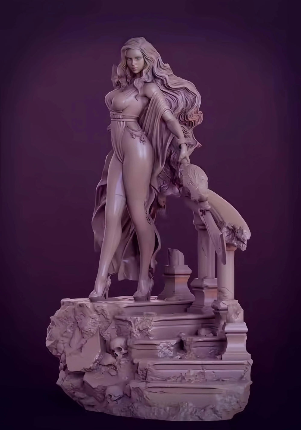 1/24 Sorceress with Staff on Stone Base, Resin Model Figure Kit, Fantasy Theme, Unassembled and Unpainted