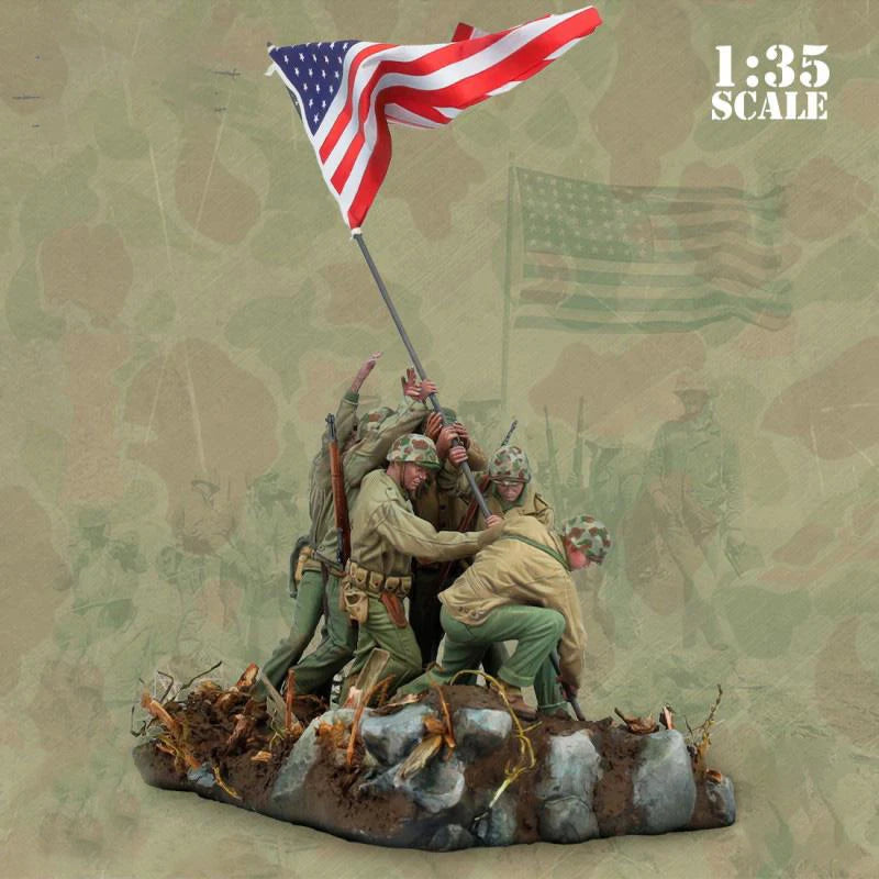 1/35 WWII US Infantry Raising American Flag, 6 Figures, Resin Model Figure Kit, Unassembled and Unpainted