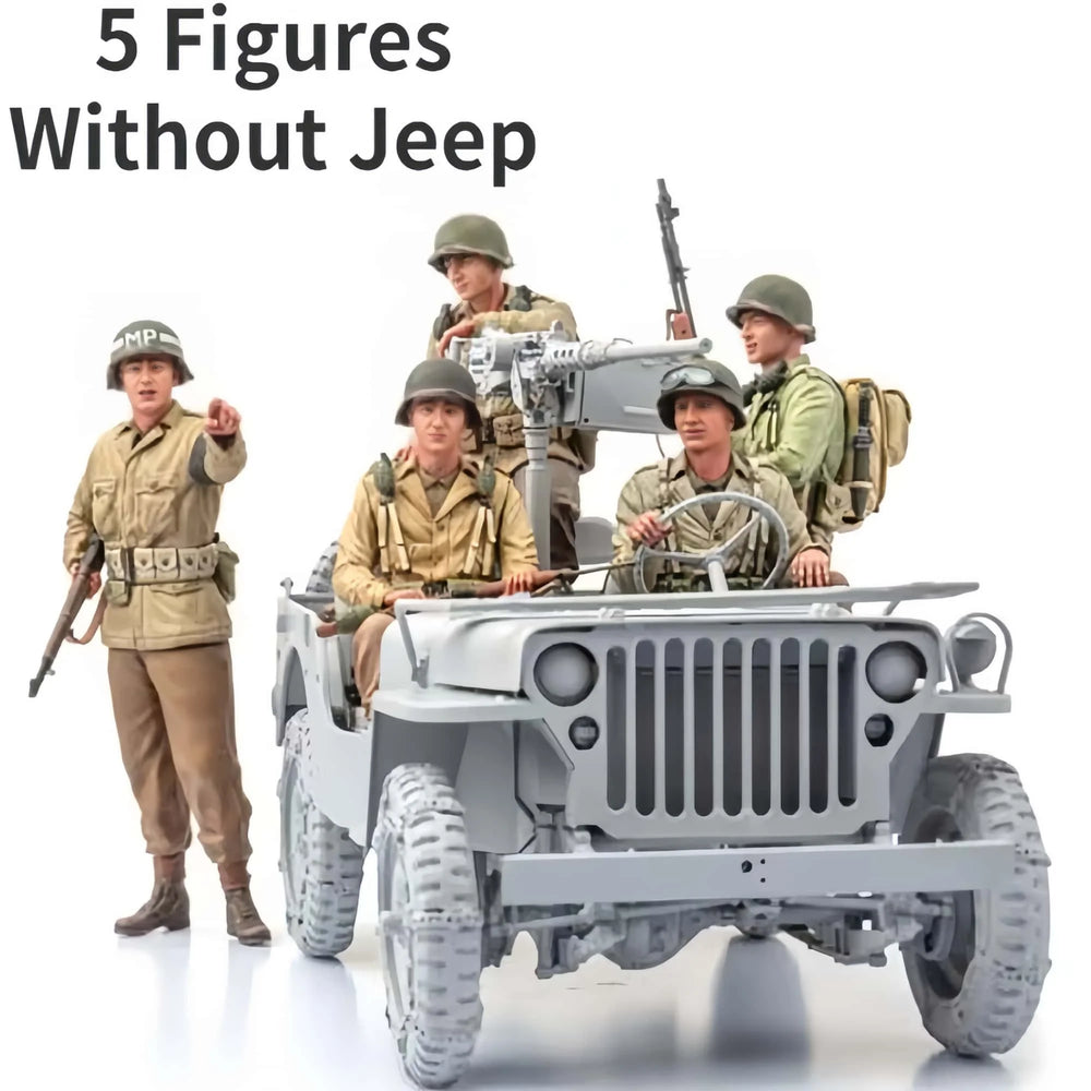 1/35 WWII US Infantry with Willys Jeep, 5 Figures, Resin Model Figure Kit, Unassembled and Unpainted