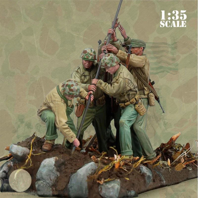 1/35 WWII US Infantry Raising American Flag, 6 Figures, Resin Model Figure Kit, Unassembled and Unpainted