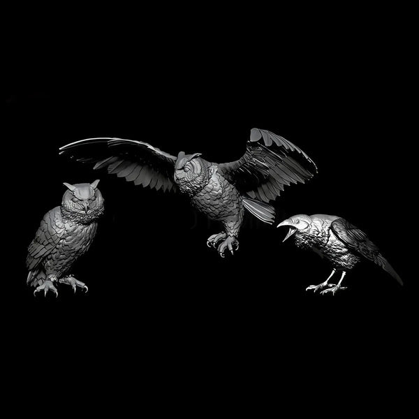 75mm Anthropomorphic Bird Set with Owls and Crow, 4 Figures, Resin Model Creature Kit, Wildlife Theme, Unassembled and Unpainted