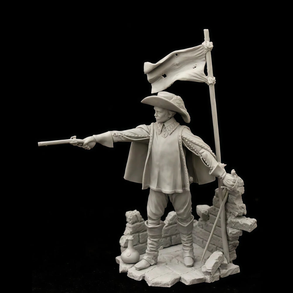 75mm Napoleonic French Officer with Flag and Rifle, Resin Model Figure Kit, Unassembled and Unpainted