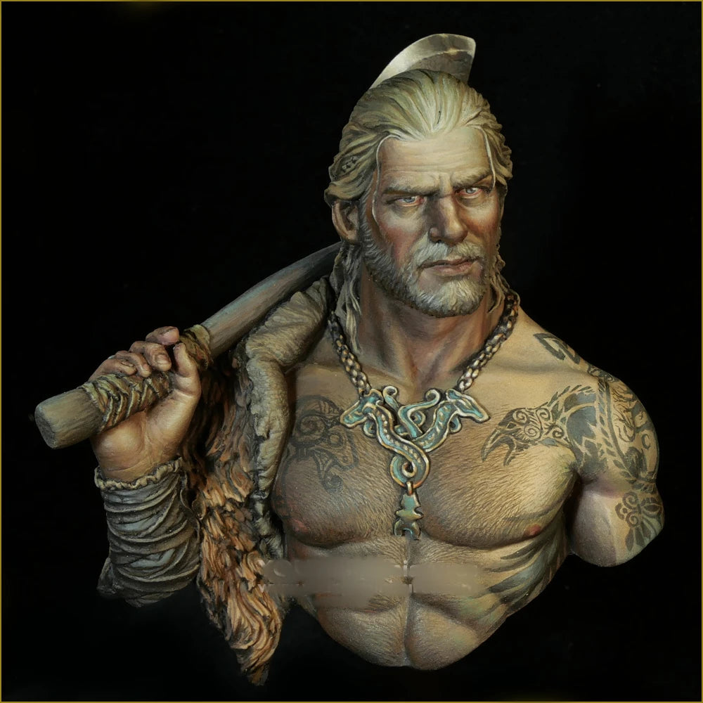 1/10 Tattooed Barbarian with Fur Cloak and Club, Resin Model Bust Kit, Fantasy Theme, Unassembled and Unpainted