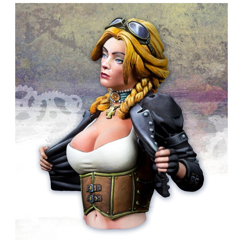 1/10 Steampunk Aviator with Blonde Braids and Goggles, Resin Model Bust Kit, Unassembled and Unpainted