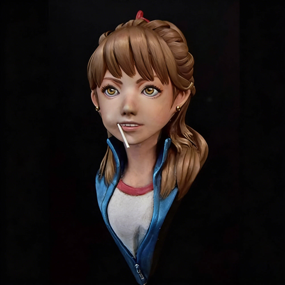 60mm Girl with Red Bow and Blue Jacket, Resin Model Bust Kit, Anime Theme, Unassembled and Unpainted