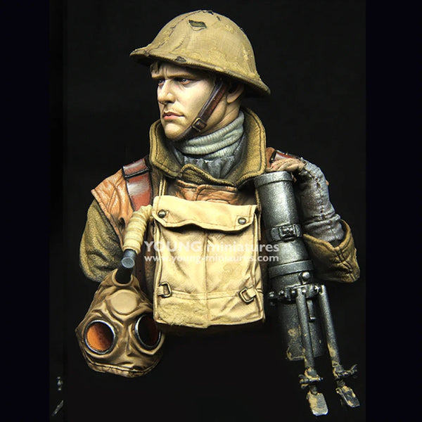 1/10 WWI British Lewis Gunner with Ammunition Drum, Resin Model Bust Kit, Unassembled and Unpainted