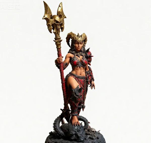 75mm Horned Demon Sorceress with Spiked Staff, Resin Model Figure Kit, Fantasy Theme, Unassembled and Unpainted