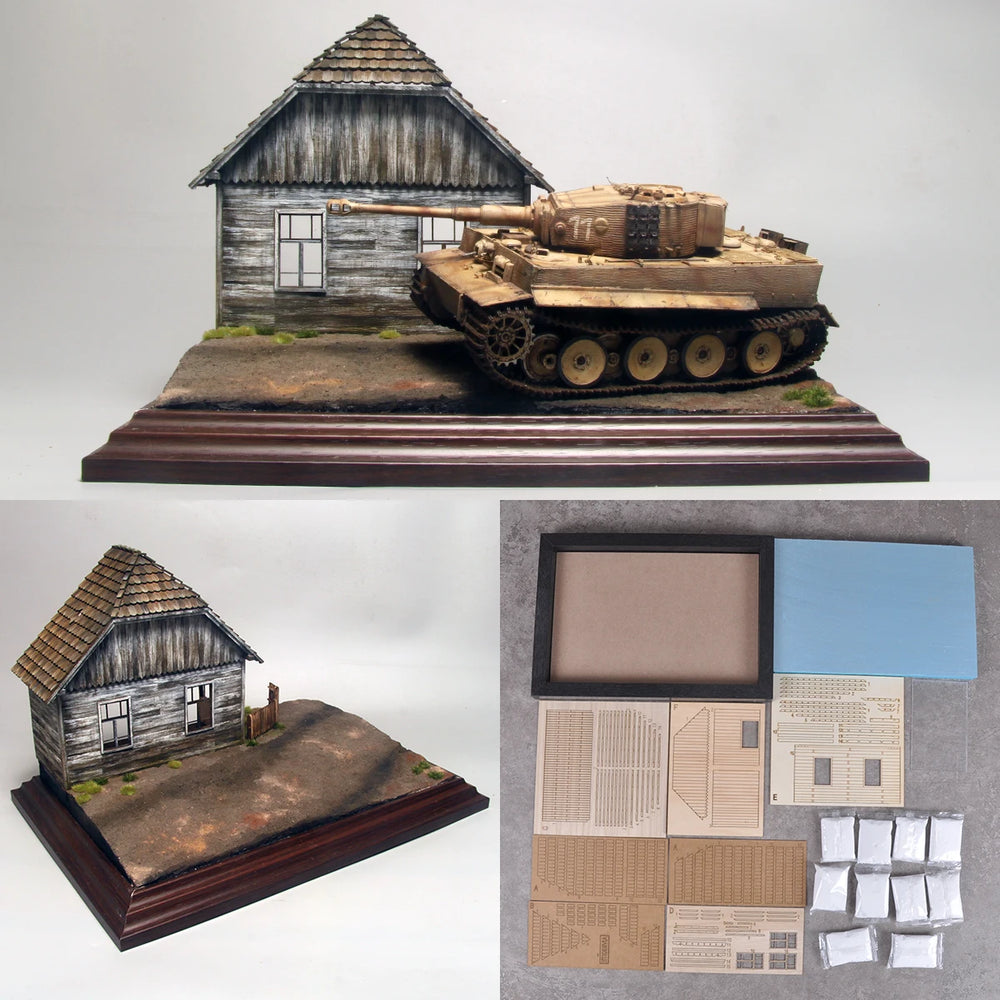1/35 WWII Military with Buildings, Resin Model Diorama Kit, Unassembled and Unpainted