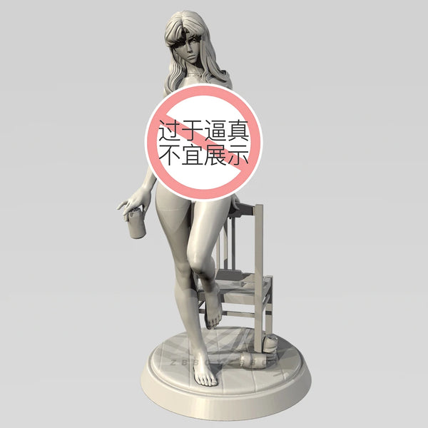 75mm Barefoot Female Pin-up Leaning on Chair, Resin Model Figure Kit, Unassembled and Unpainted