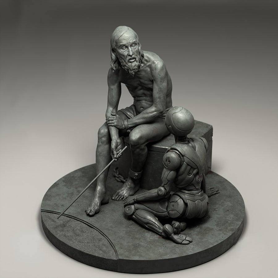1/24 Future Old Man & Robot Conversation, 2 Figures, Resin Model Diorama Kit, Fantasy Theme, Unassembled and Unpainted