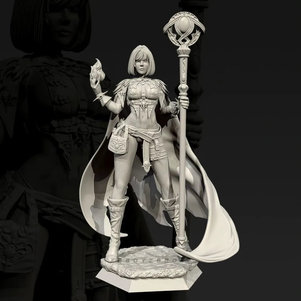 50mm Necromancer with Skull Staff and Flame, Resin Model Figure Kit, Fantasy Theme, Unassembled and Unpainted