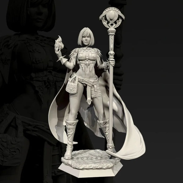 50mm Necromancer with Skull Staff and Flame, Resin Model Figure Kit, Fantasy Theme, Unassembled and Unpainted