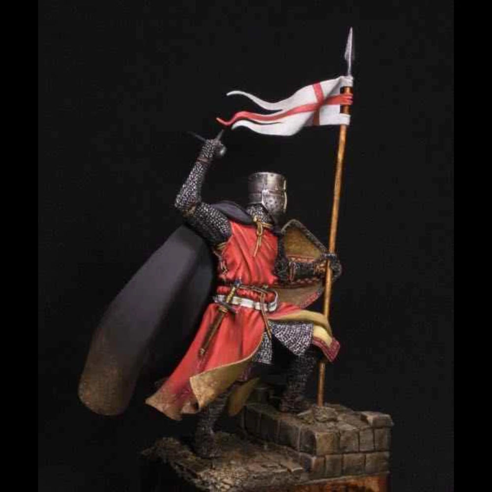 75mm Medieval Crusader Knight Holding Cross Banner, Resin Model Figure Kit, Unassembled and Unpainted