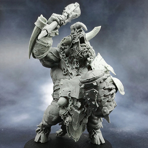 55mm Horned Demon in Spiked Plate with Raised Weapon, Resin Model Figure Kit, Fantasy Theme, Unassembled and Unpainted