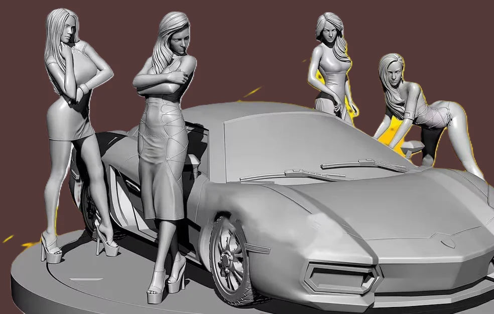 1/35 Pin-up & Sports Cars, 9 Figures, Resin Model Figure Kit, Unassembled and Unpainted