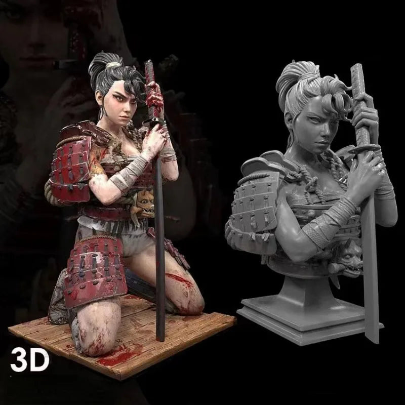 1/24 Medieval Female Samurai Warrior Kneeling with Katana, Resin Model Figure Kit, Unassembled and Unpainted